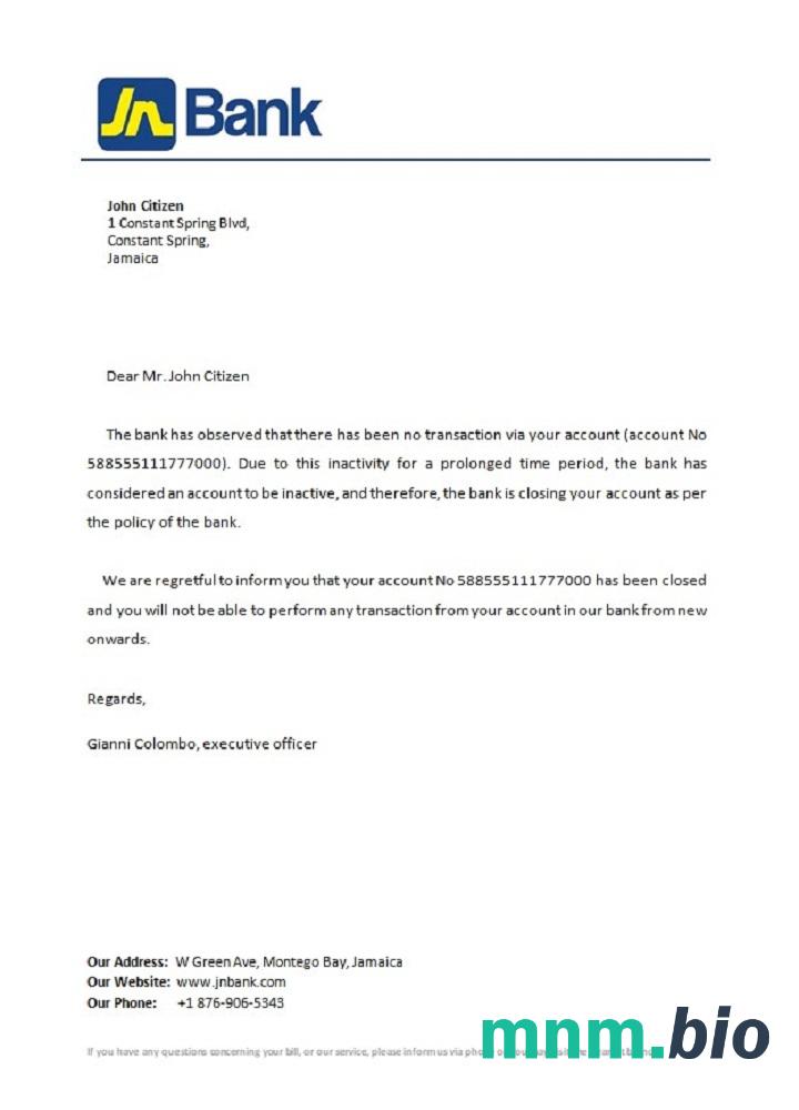 Przykład odniesienia do zamknięcia Narodowego Banku Jamajki w formatach Word i PDF
